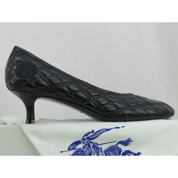 BURBERRY BABY BLACK QUILTED LEATHER LOGO KITTEN HEEL PUMPS EU 36.5 US 6.5 $1K - Picture 4 of 15